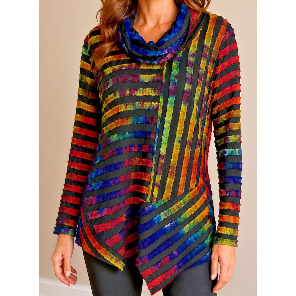 Radzoli Pullover Womens Size S Multicolor Cowl Neck Textured Boho Tunic Top